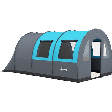Tente de camping familiale pour 6 personnes maximum, espaces séparés, imperméable, grise et bleue.