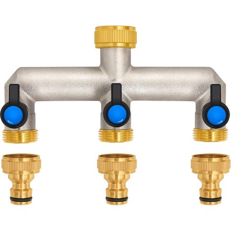 Distributeur d'eau à 3 voies en laiton pour 3 appareils/tuyaux de jardin, distributeur 3 voies adaptateur 3/4" 1/2" avec robinet à boisseau sphérique pour régler et arrêter le débit d'eau (1/5)