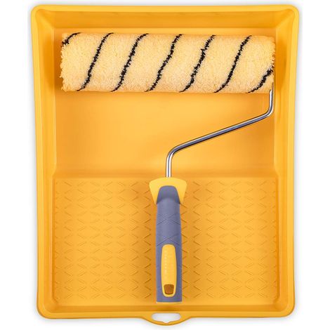 HARDY WORKING TOOLS Set Rotolo Di Vernice, vasca e rulli colorati di poliestere, Altezza del pelo 13mm, Lunghezza 25cm, Diametro 48mm, bianco-giallo-grigio, A0180-521000 (1/4)