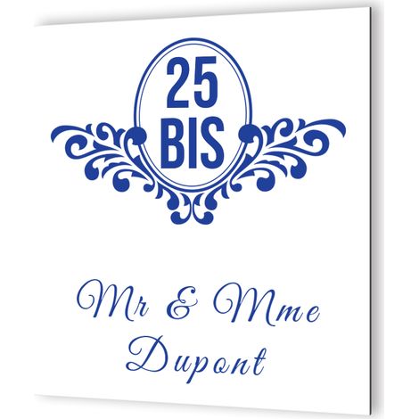 Plaque numéro de maison extérieur personnalisable - Plaque en Dibond blanc - Pictogramme bleu, modèle baroque - 20x20 cm, épaisseur 3 mm, fixation multiple (1/5)