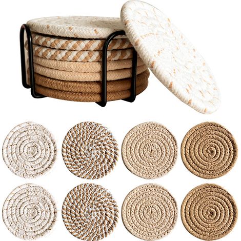 Set de 8 sous-verres pour boissons, bière, café, tissés en coton, 4 couleurs, absorbants, avec support, sous-verres bohème pour décoration de maison, protection de surface, adaptés à tous types de ver (1/4)