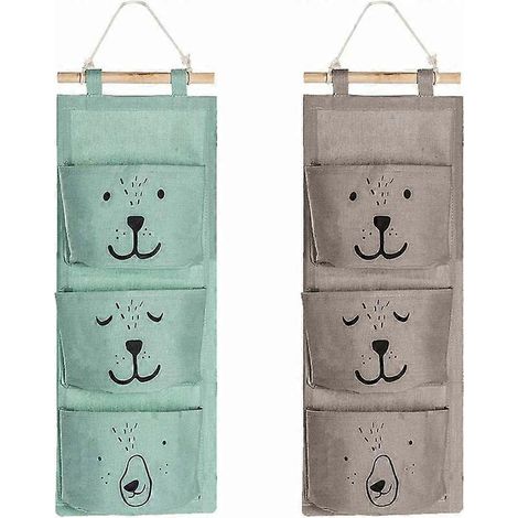 2 stuks wandopbergtassen met 3 vakken, linnen stoffen tas, mand, waterdichte opbergtas voor afstandsbediening, bril, sieraden, post en sleutels (grijs, groen) (1/5)