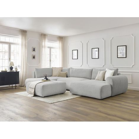 BOBOCHIC - Canapé panoramique convertible coffre LUCIEN gros côtelé doux avec pouf Angle droit  Gris clair (1/5)