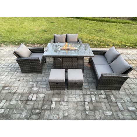 Fimous 7-Sitzer Rattan Gartenmöbel im Freien Gas Feuerstelle Tisch Sets Gasheizgerät mit Liebes-Sofa Stuhl 2 Kleiner Fußhocker Dunkelgrau Gemischt (1/5)