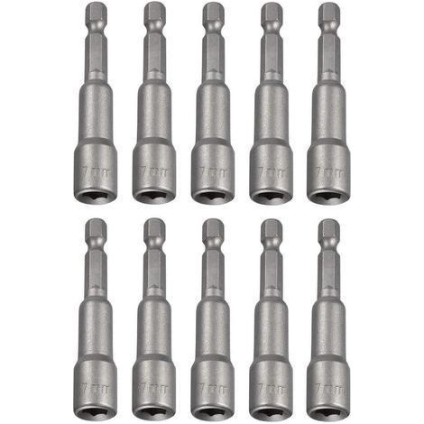 Jeu de 10 clés à douille magnétiques 7 x 65 mm, tige hexagonale 1/4", adaptateur pour perceuse, tournevis sans fil (1/3)