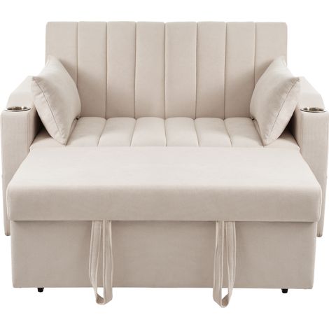 Canapé multifonctionnel convertible 2 places en tissu coton avec dossier réglable, porte-gobelets et coussins (1/5)