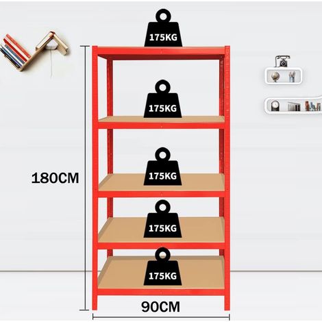 5 Tier Shelving Unit Garage Storage Shelves - 180 x 90 x 40 cm Heavy Duty Racking Metal Shelf Boltless Assembly, (175KG Per Shelf), 875KG Capacity, For Workshop, Shed, Office, Red (1/5)