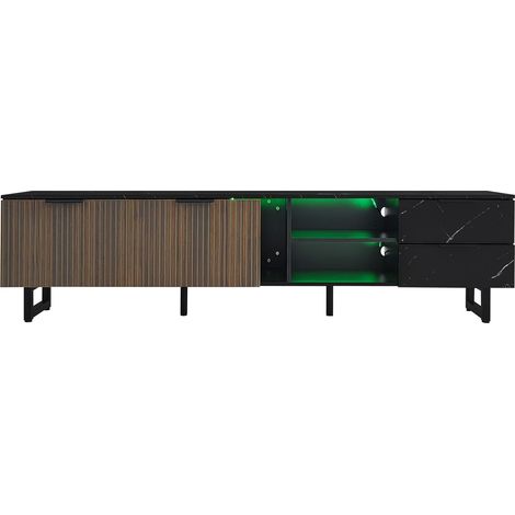 ELVMI TV-Schrank mit 2 Türen, 2 Schubladen, 2 offenen Fächern und LED, für Wohnzimmer, MDF, 200 × 38 × 50 cm (1/4)