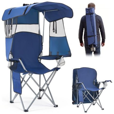 Silla de Camping Plegable con Sombrilla Capacidad Máxima de 150 kg, Silla de Camping Portátil con Toldo Tela Oxford, Compartimento para Revistas, Portavasos y Bolsillo para Exteriores Pesca (1/5)