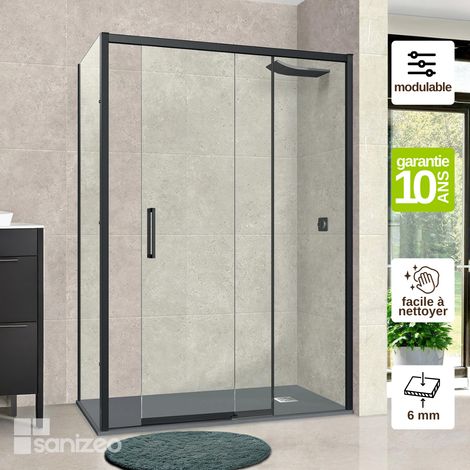Pare douche porte coulissante et paroi latérale GAUCHE, L.108xl112l.80H195 cm - Verre Trempé 6mm Easy Clean Noir Mat - Vézannes 2PL SUPERBAN (1/4)