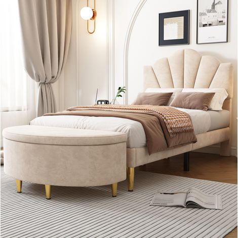 Cama tapizada juvenil con banco y almacenaje beige OKMYHOME (1/5)