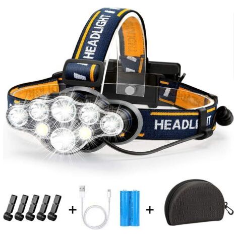 Lampe Frontale LED Rechargeable, Ultra Puissante Lampe à 8 Del de 18000 Lumens, Torche Frontale Étanche et Léger, Parfait pour Le Camping, la Pêche, la Cave, Le Jogging et la Randonnée (1/4)