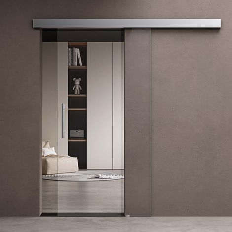 doporro Glasschiebetür Komplettset Softclose 90 x 205 cm  15mm Wandabstand  Schiebetür mit ESG-Sicherheitsglas  Zimmertür Glas Klarglas mit Stangengriff  Amalfi-plus 20
