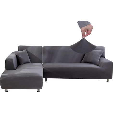 Housse de Canapé d'angle Extensible 2 Pieces, Housse de Canapé Élastique en Forme de L, Revêtement de Canapé Universel Lavable, Couverture pour Canapé(3 Places+3 Places,Gris) (1/5)