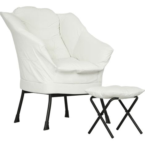 Wohnzimmersofa mit Hocker, Relaxsofa mit Seitentaschen und Stahlbeinen für Wohn- und Schlafzimmer, Creme