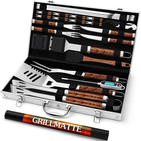26pcs Kit d'accessoires pour Barbecue Professionnel, Ensemble d'ustensiles de Barbecue en Acier Inoxydable pour Cadeau Homme,Outil de Barbecue Set avec Boîtier en Aluminium Marron (1/5)