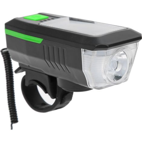 Wiederaufladbarer USB-Solar-Fahrradscheinwerfer mit integrierter Hupe, schwarz und grün. (1/5)