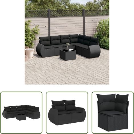 vidaXL Canapé en résine - Salon de jardin 7 pcs avec coussins noir résine tressée (1/5)