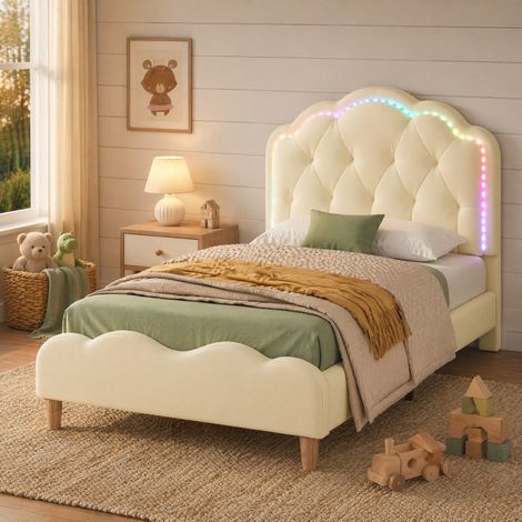 Lit 90x200 avec LED, tête ondulée, PU beige HAVRYA (1/5)