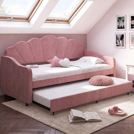 Cama-sofá extraíble con forma de concha AMANDA, 2 x 90 x 190 cm, con 2 somieres de terciopelo rosa empolvado (1/5)