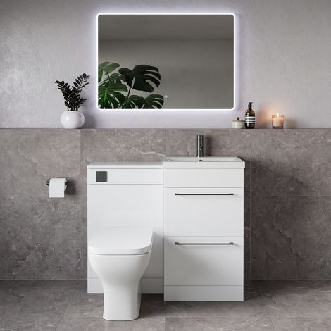 Napoli 390 Gloss White 1000mm 2 Drawer Vanity Unit Toilet Suite with Glide Basin - 1000mm - Gunmetal Grey 320mm HandleWith Kingston Toilet Pan and Seat