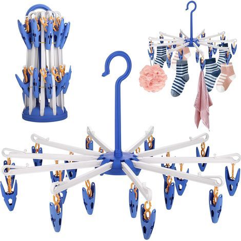 Set of 2 rotating plastic sock dryers for laundry lines, blue sock dryer with 20 folding hanging pegs for socks, underwear, hats, scarves, etc. (1/5)