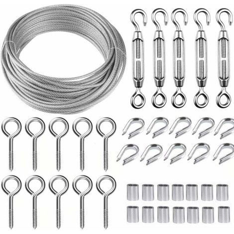 Kit câble métallique acier inoxydable 30m/2mm Tendeur fil robuste M5, rouleau de fil de clôture, garde corps de câble pour plantes grimpantes (1/5)
