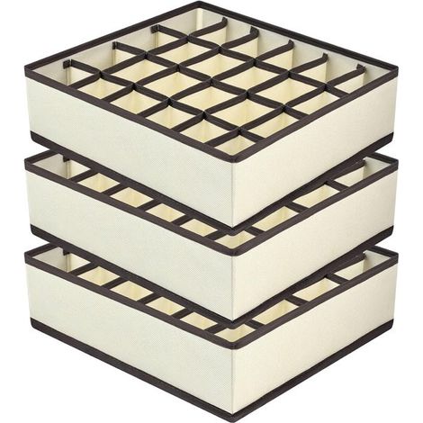 Set di 3 organizer pieghevoli per cassetti per calze e biancheria intima con 72 scomparti - 30 x 30 x 9 cm - Beige (1/5)