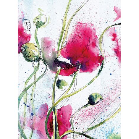 Papier peint panoramique florale aquarelle | Tapisserie panoramique motif fleur rouge & vert | Papier peint panoramique coquelicot pour chambre adulte - 192 X 260 cm (4 pièces) (1/2)
