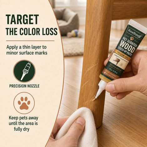 La pâte réparatrice pour bois KineShineX Pet Scratch convient aux pieds de tables et de chaises en chêne jaune. (1/4)