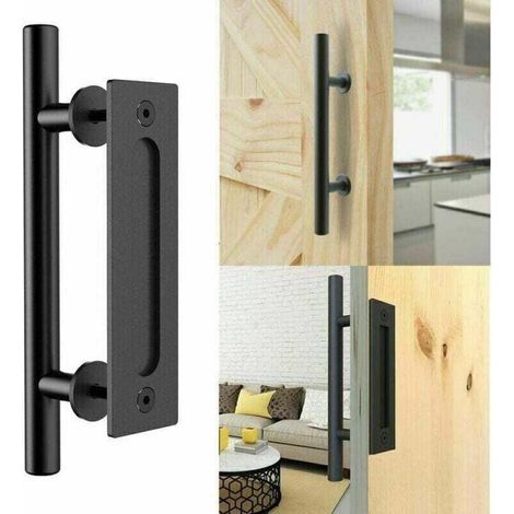 Retro-Schiebetürgriff, schwarzes Aluminium, zum Ziehen und Einlassen, Griffset für Holzschiebetüren, 30 cm (1/5)