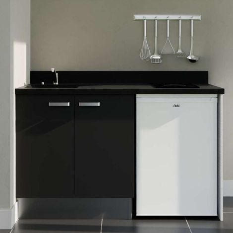 Kitchenette K17L - 140 cm avec plan monobloc et emplacement frigo top-Noir-Nero-évier à gauche