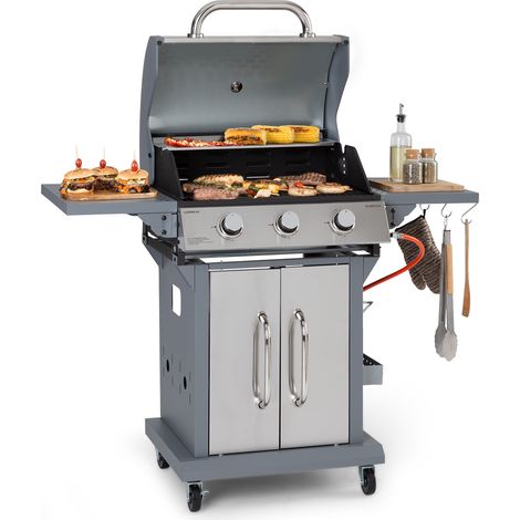 Klarstein Gasgrill für Camping Balkon Garten, Grill mit 3 Brenner, 10800W Edelstahl-Gasgrill, Outdoor Gasgrill mit Seitentischen, Gas Grill für Propan und Butangas, Gasgrills mit Thermometer