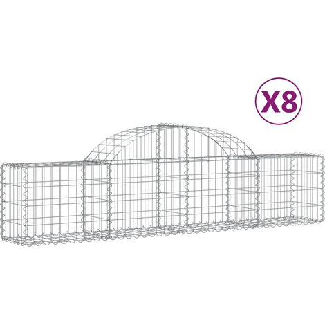 Juego de 8 cestas de gaviones, valla de jaula, muro de contención arqueado, 200 x 30 x 40/60 cm, hierro galvanizado, Plata 020041164