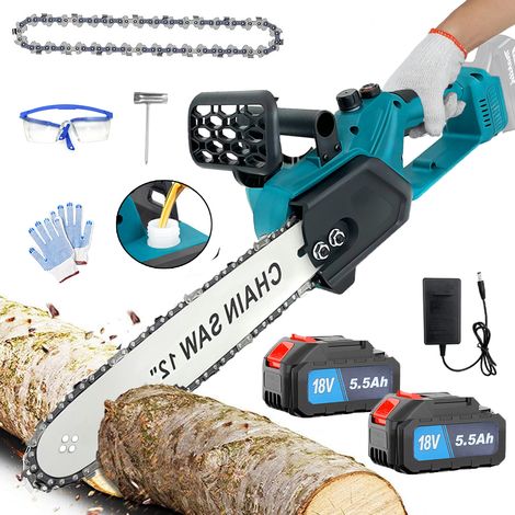 Motosega a batteria, Motosega elettrica a batteria senza spazzole da 12 pollici, Motosega lubrificata con catene + 2 batteria da 5.5 A + caricabatterie, compatibile con batteria Makita
