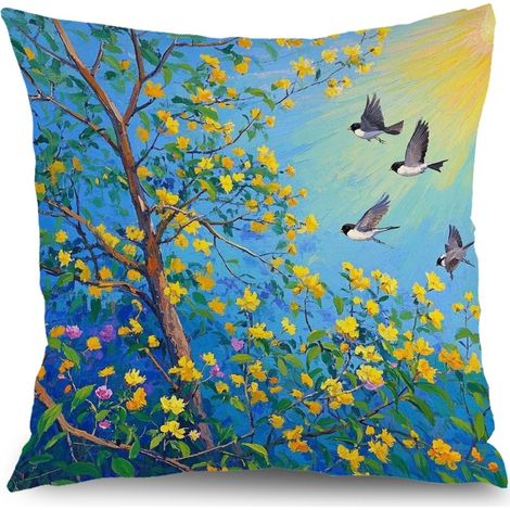 Housse de coussin fleurs bleu rose jaune, décoration canapé intérieur,40×40cm (1/5)
