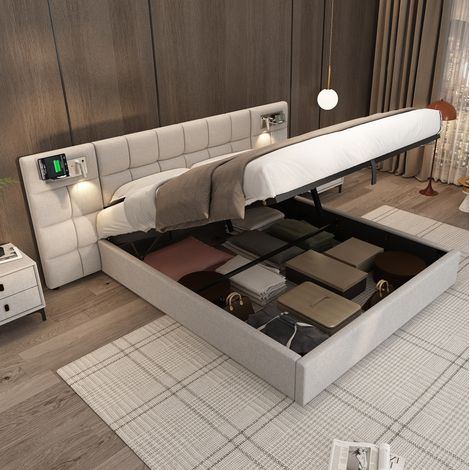 DESVIAE Lit coffre hydraulique rembourré 180 x 200 cm avec port USB recharge sans fil éclairage intégré grand dossier capitonné rangement sous le lit sommier à lattes en lin gris (1/5)