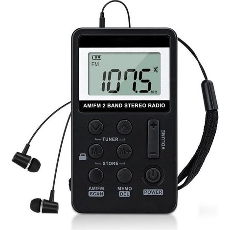 Radio portátil pequeña，Mini radio digital AM/FM，Con batería recargable de 500 mAh y 3,7 V y auriculares，Negra，Ideal para el hogar (1/5)