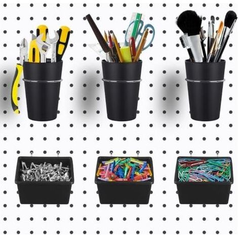 Lot de 6 bacs en panneau perforé avec crochets, assortiment de crochets pour panneau perforé, crochets pour porte-gobelet pour organiser les accessoires, le rangement, le bureau, l'atelier, le garage (1/5)