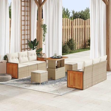 Salon de Jardin 9 Pièces Ensemble Canapé en Résine Tressée avec Coussins Beige et Crème - PANGIVO (1/5)