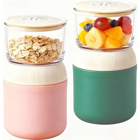 Set di 2 tazze portatili per cereali con cucchiaini, 400 ml + 300 ml per yogurt da asporto, antigoccia, ideali per viaggi, lavoro e scuola, lavabili in lavastoviglie e a mano (1/5)