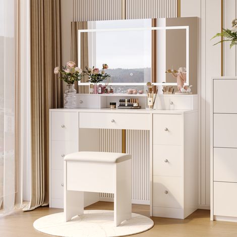 Coiffeuse Bianca con Specchio LED a 3 Colori, Comandi Touch, Grande Contenitore e Sgabello Compatto, Tavolo da Trucco Moderno per Camera