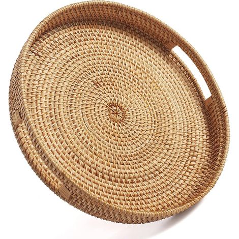 Plateau de Service en Rotin avec Poignées Plateaux Décoratifs Tissés Ronds pour Tabouret de Table Basse (34cm x 6cm)