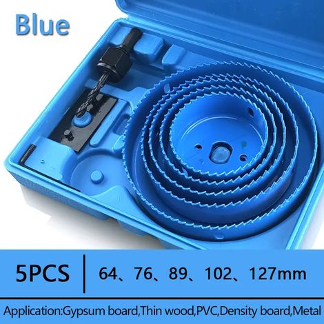5PCS 64-127mm ensemble de scie cloche scie tasse bois couronne foret pour panneau de gypse bois PVC plastique densité panneau métal outils de travail du bois - Bleu (1/5)