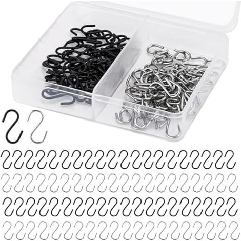 100 petits crochets en forme de S, crochets mini en acier inoxydable avec boîte de rangement pour bricolage, bijoux, porte-clés (noir, argent)