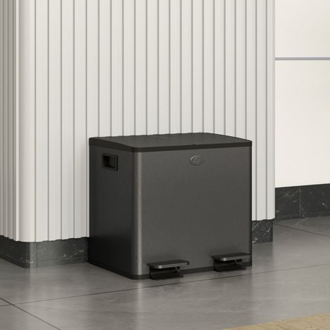 Poubelle double 2 x 15 L avec pédale, en acier inoxydable et plastique noir, facile à nettoyer, ouverture au pied