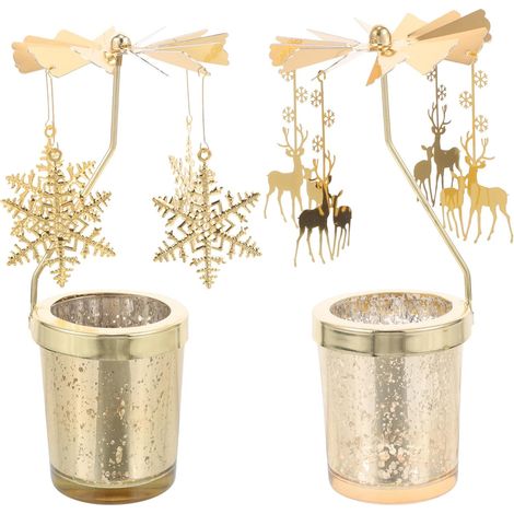 Lot de 2 Chandeliers de Noël en Métal Rotatifs Bougeoirs Décoratifs pour Table Décoration Festive Intérieure pour Maison Restaurant Mariage Motifs Flocon de Neige et Cerf Doré (1/5)