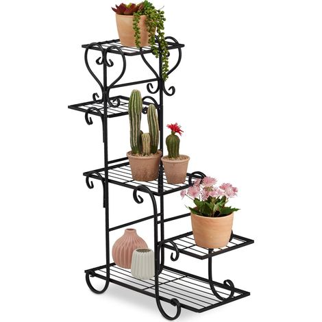 Relaxdays Scaffale Portavasi, 5 Ripiani, Design retrò, Mobile Portafiori Metallo, 75x56x23 cm, Tavolino per Vasi, Nero, 1 pz (1/5)