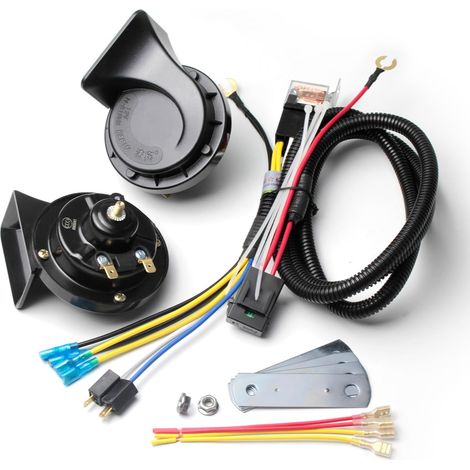 Klaxon de Voiture 12V Klaxon électrique étanche, Klaxon Moto Double Ton Corne D'escargot Kit Relais avec Faisceau de Câble Universal pour Toute Véhicules (Black, klaxon avec Faisceau de Câble) (1/5)
