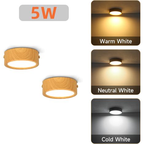 Lot de 2 Spots LED 5W, 3 Températures de Couleur, Plafonniers en Saillie, Finition Bois Naturel (1/5)
